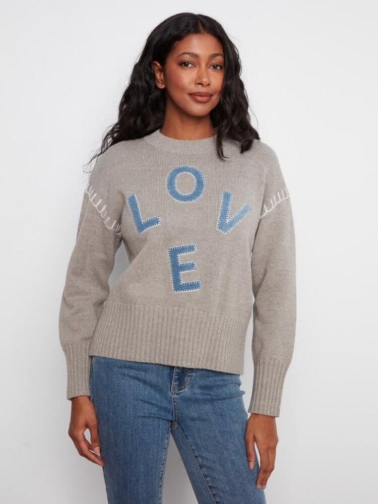Charlie B Charlie B Long Sleeve Drop Shoulder Mock Neck Sweater W/ Denim Patches C2026