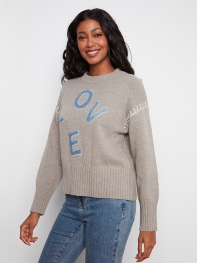 Charlie B Charlie B Long Sleeve Drop Shoulder Mock Neck Sweater W/ Denim Patches C2026