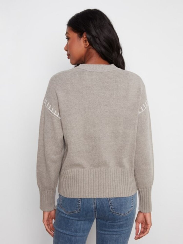 Charlie B Charlie B Long Sleeve Drop Shoulder Mock Neck Sweater W/ Denim Patches C2026