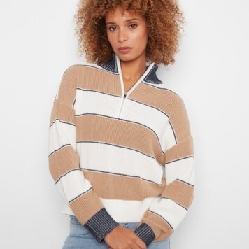 Charlie B Charlie B Long Sleeve Drop Shoulder Zipped Mock Neck Striped Sweater C2040