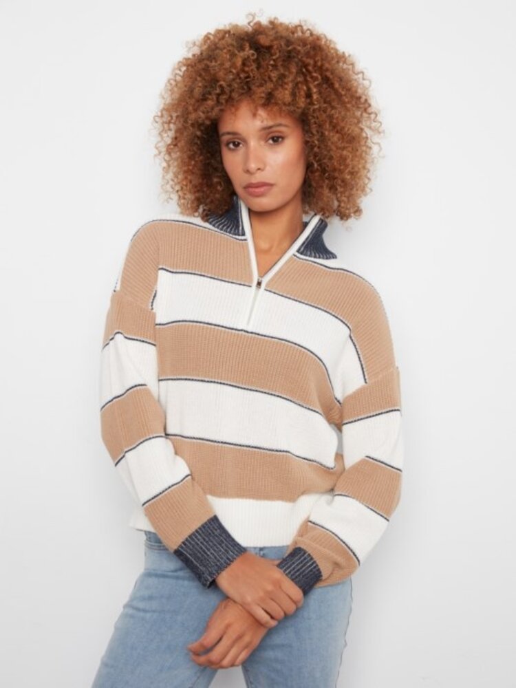 Charlie B Charlie B Long Sleeve Drop Shoulder Zipped Mock Neck Striped Sweater C2040