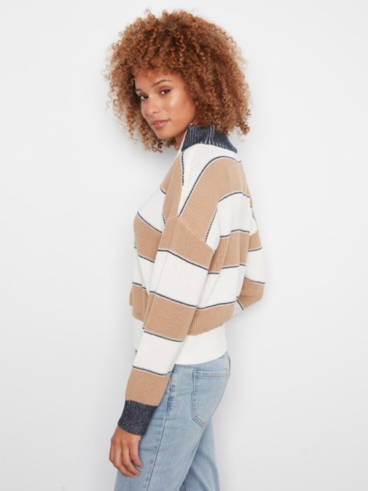 Charlie B Charlie B Long Sleeve Drop Shoulder Zipped Mock Neck Striped Sweater C2040