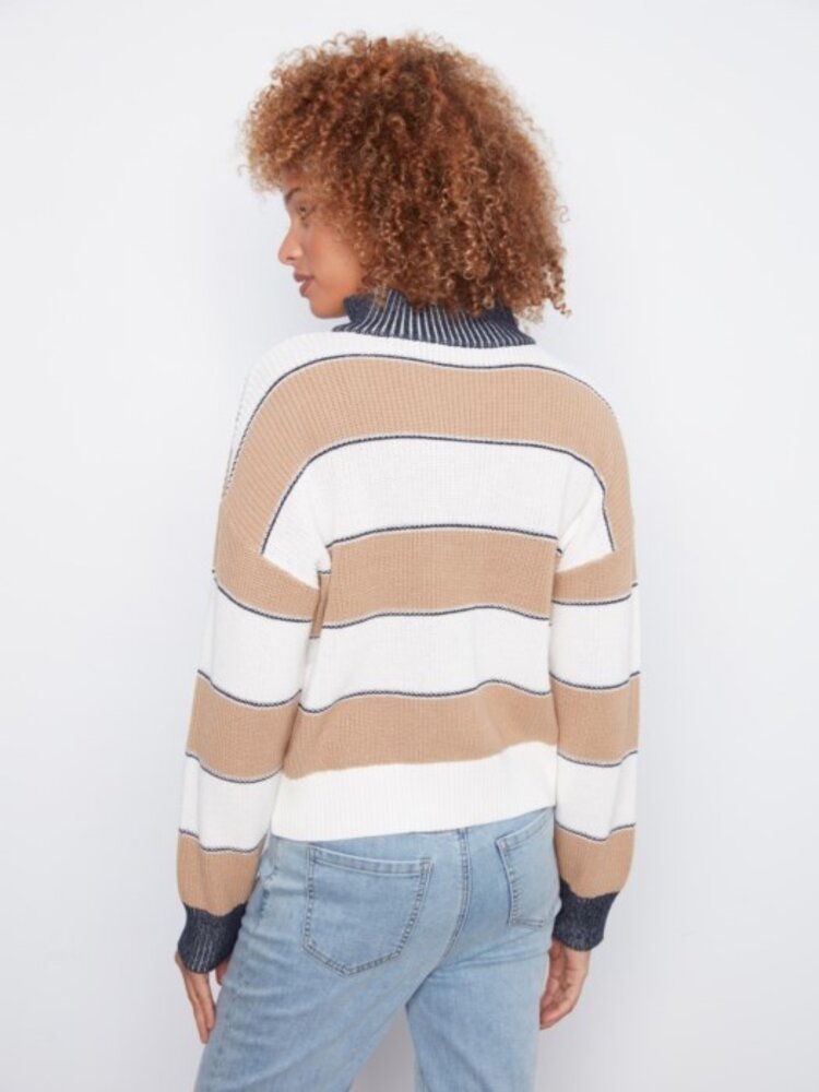 Charlie B Charlie B Long Sleeve Drop Shoulder Zipped Mock Neck Striped Sweater C2040