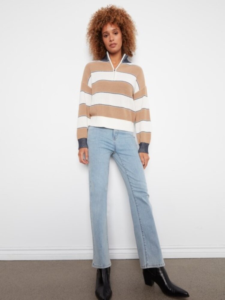 Charlie B Charlie B Long Sleeve Drop Shoulder Zipped Mock Neck Striped Sweater C2040
