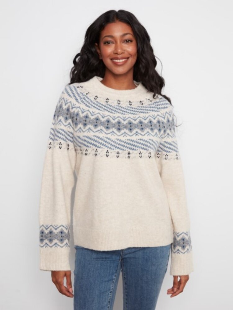 Charlie B Charlie B Raglan Long Sleeve Crew Neck Jacquard Sweater C2015
