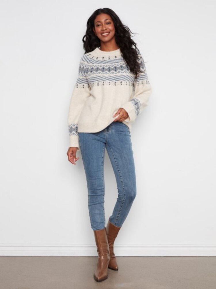 Charlie B Charlie B Raglan Long Sleeve Crew Neck Jacquard Sweater C2015
