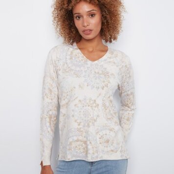 Charlie B Charlie B Printed Long Sleeve V Neck Sweater C2279