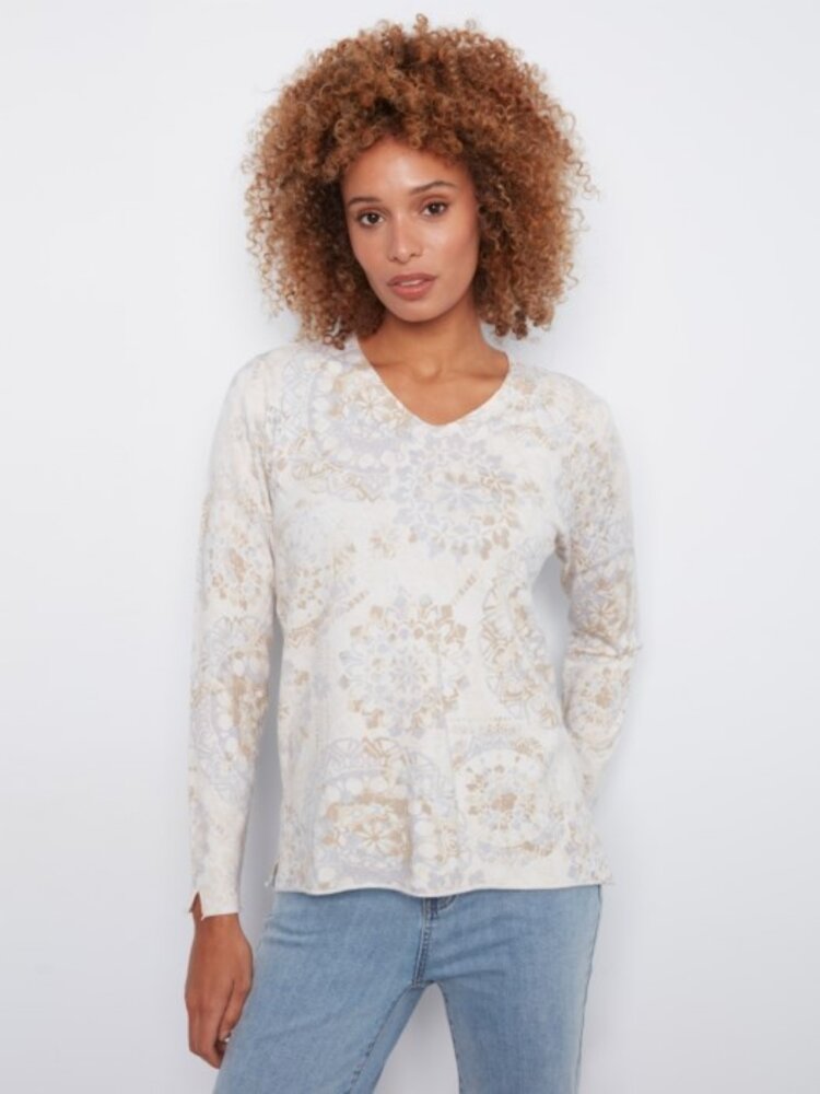 Charlie B Charlie B Printed Long Sleeve V Neck Sweater C2279