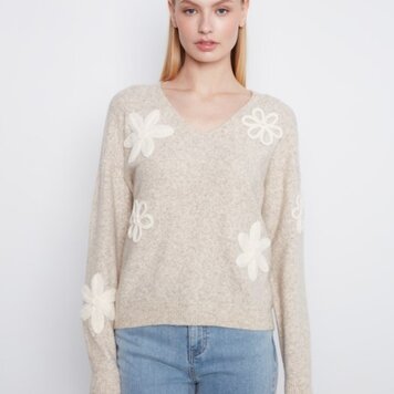 Charlie B Charlie B Long Sleeve Drop Shoulder V Neck Sweater W/ Flower Appliqué C2163