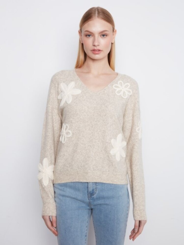 Charlie B Charlie B Long Sleeve Drop Shoulder V Neck Sweater W/ Flower Appliqué C2163