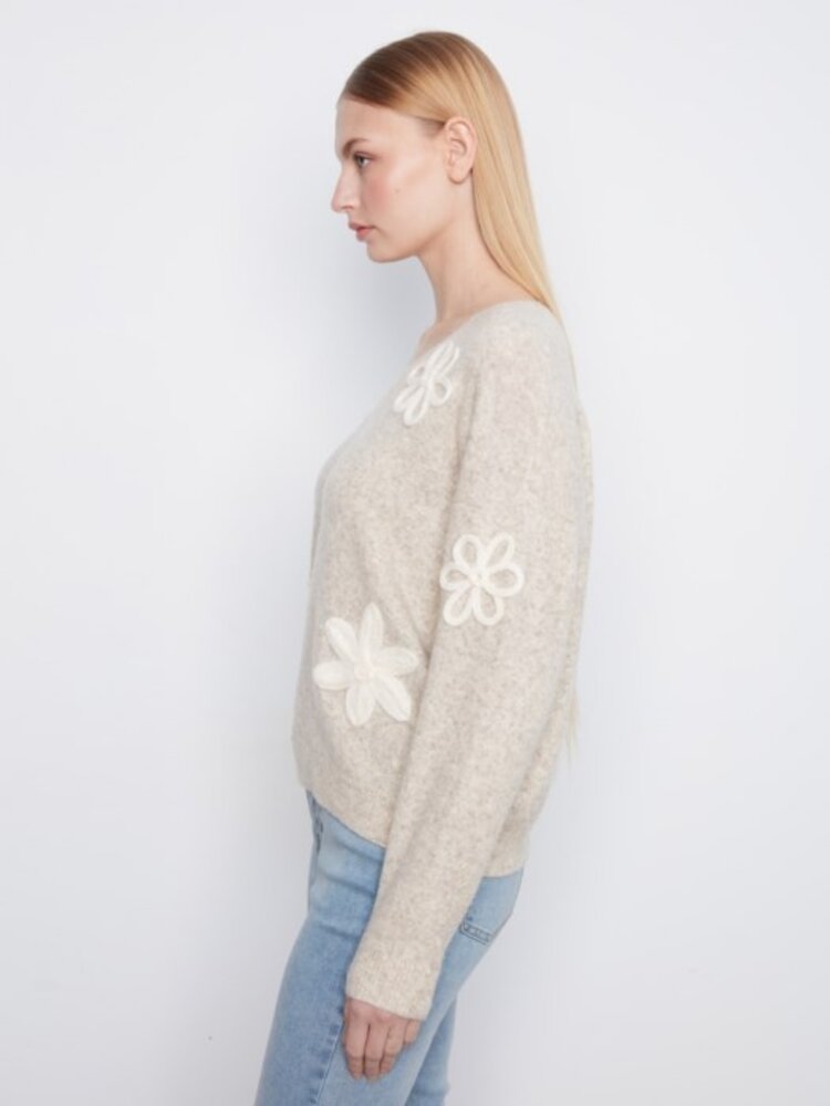 Charlie B Charlie B Long Sleeve Drop Shoulder V Neck Sweater W/ Flower Appliqué C2163