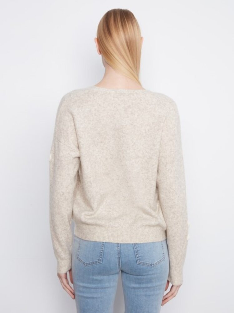 Charlie B Charlie B Long Sleeve Drop Shoulder V Neck Sweater W/ Flower Appliqué C2163