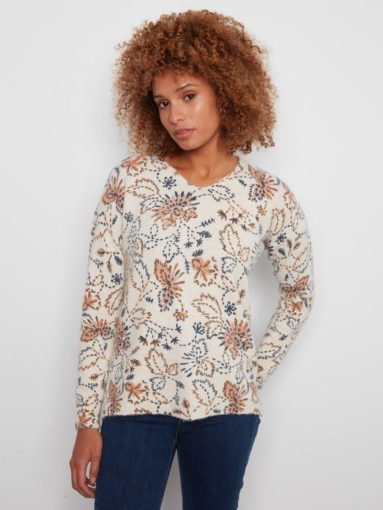 Charlie B Charlie B Printed Plushy V Neck Sweater C2581D