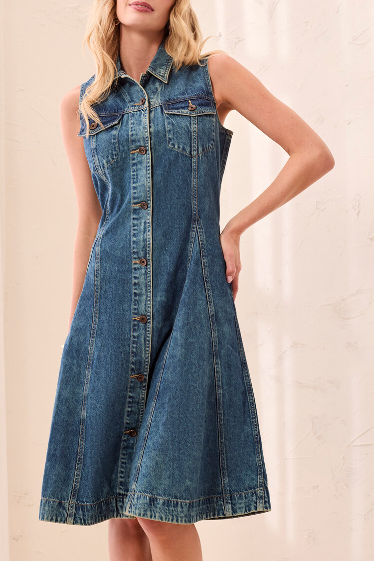 Tribal Tribal Flowy Denim Dress With Inserts & Pockets 6281O