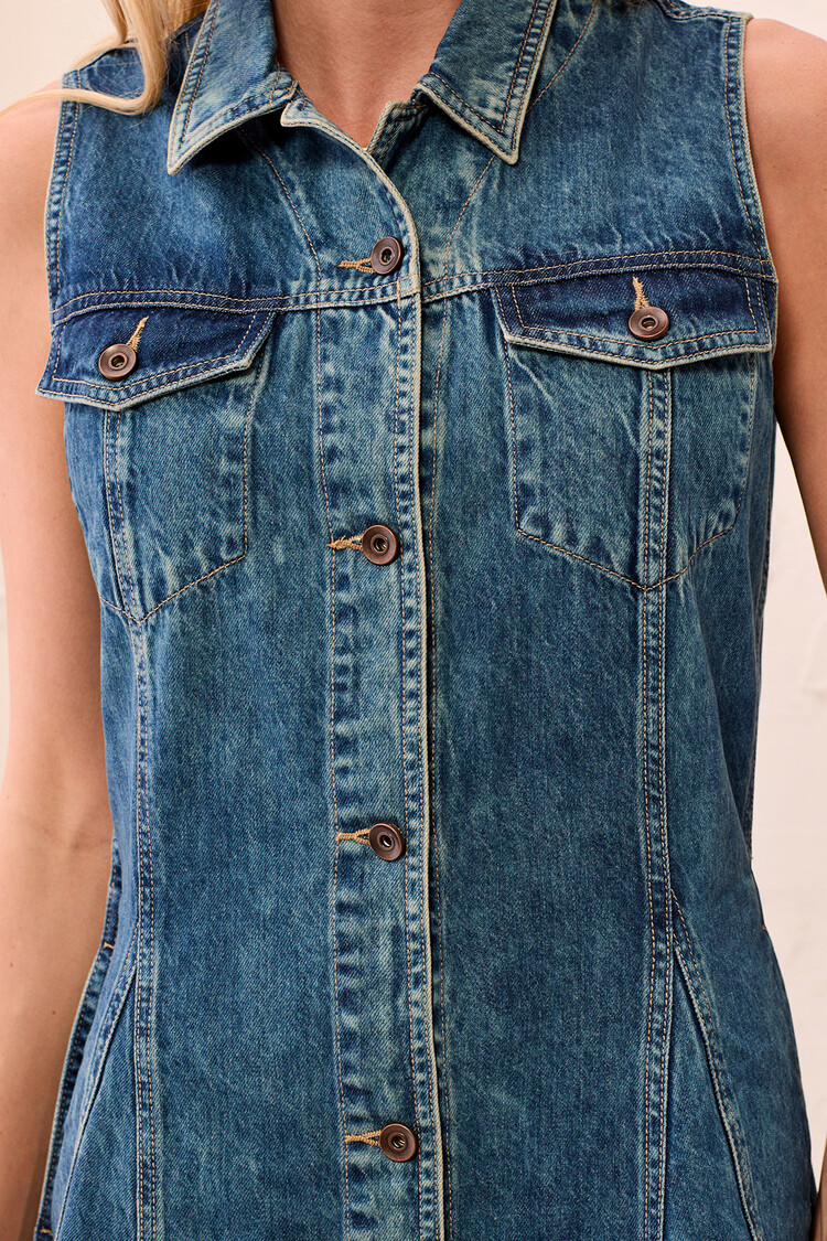 Tribal Tribal Flowy Denim Dress With Inserts & Pockets 6281O