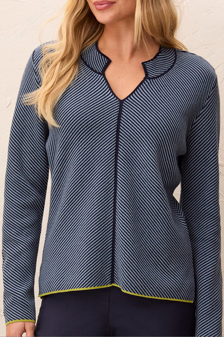 Tribal Tribal Long Sleeve Split Neck Sweater With Tiping 3184O