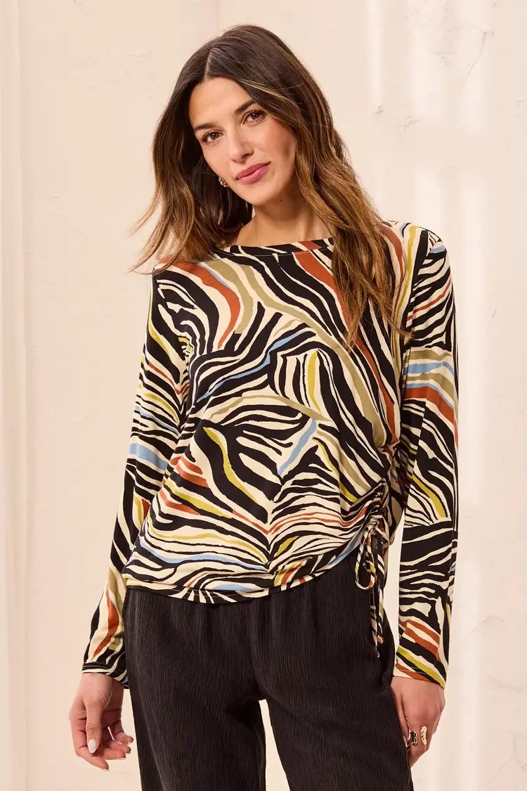 Tribal Tribal Long Sleeve Crew Neck Top With Side Ruching 3168O