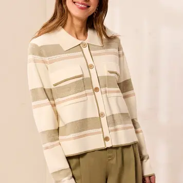 Tribal Tribal Long Sleeve Sweater Cardigan With Collar and Pockets 3175O