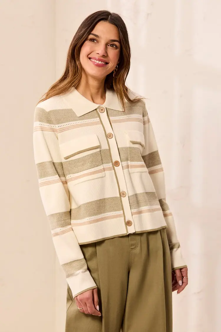 Tribal Tribal Long Sleeve Sweater Cardigan With Collar and Pockets 3175O