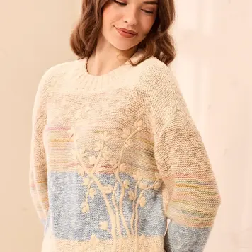 Tribal Tribal Long Sleeve Crew Neck Sweater With Embroidery 3194O