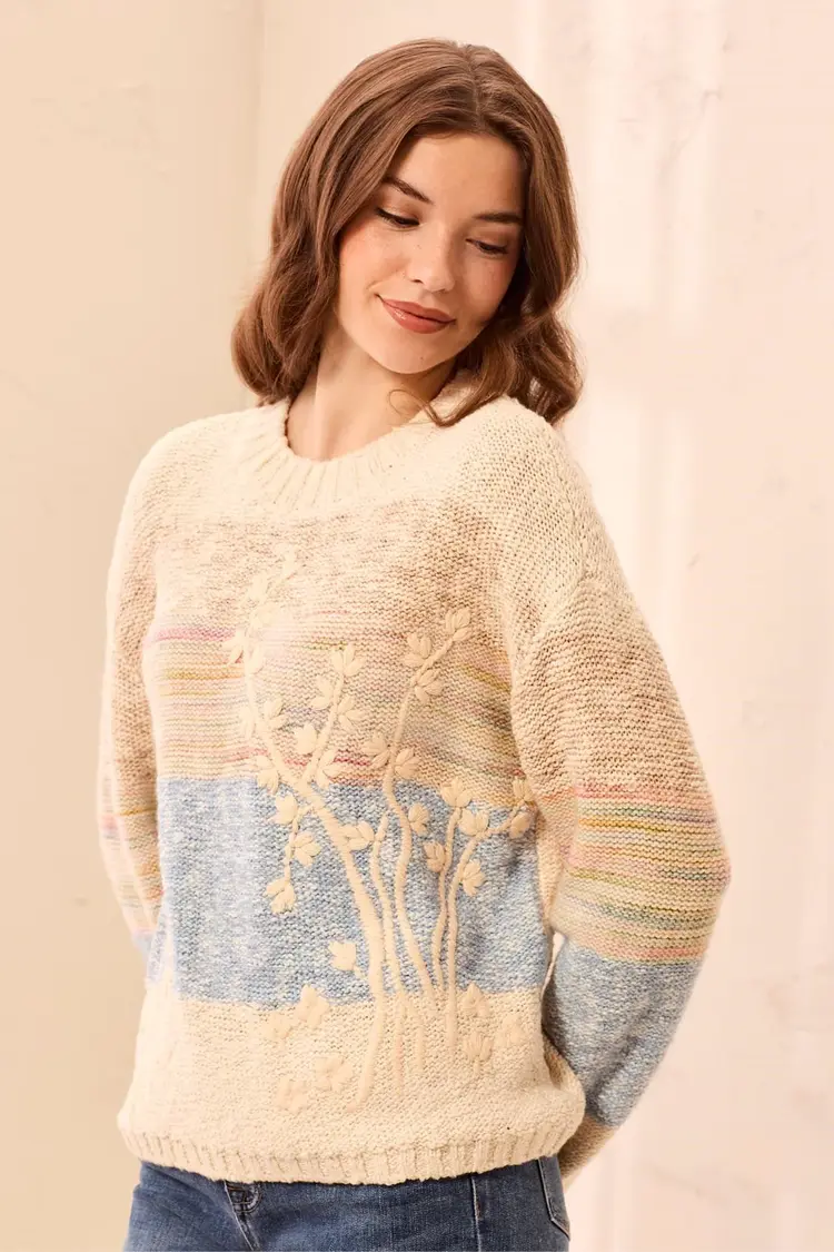 Tribal Tribal Long Sleeve Crew Neck Sweater With Embroidery 3194O