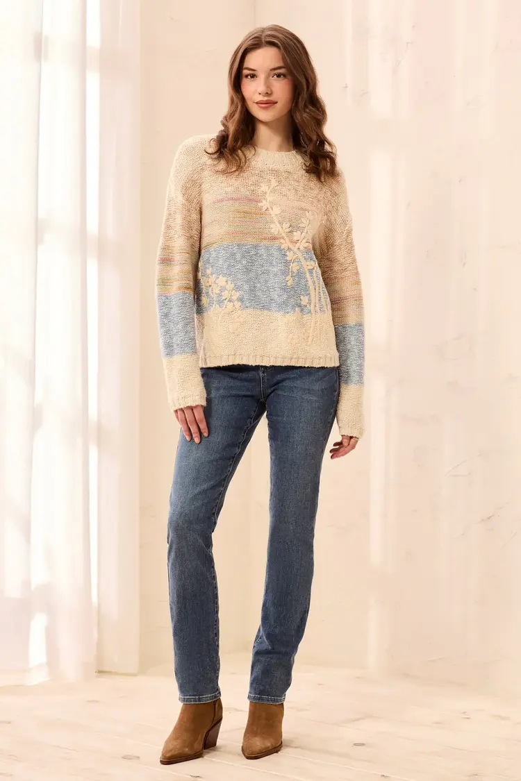 Tribal Tribal Long Sleeve Crew Neck Sweater With Embroidery 3194O