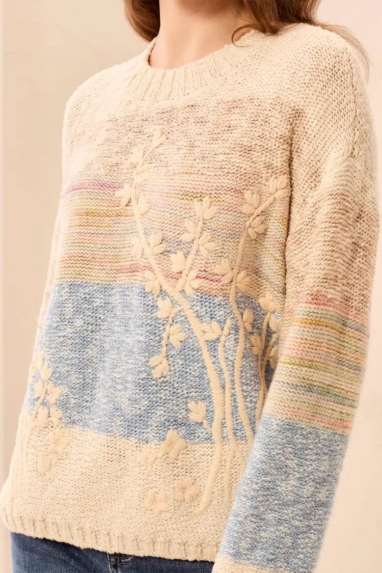 Tribal Tribal Long Sleeve Crew Neck Sweater With Embroidery 3194O