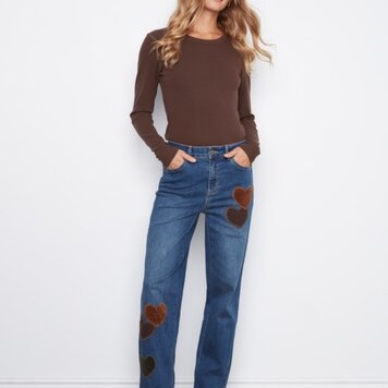 Charlie B Charlie B Straight Leg Pants With Corduroy and Leopard Heart Patches C5846
