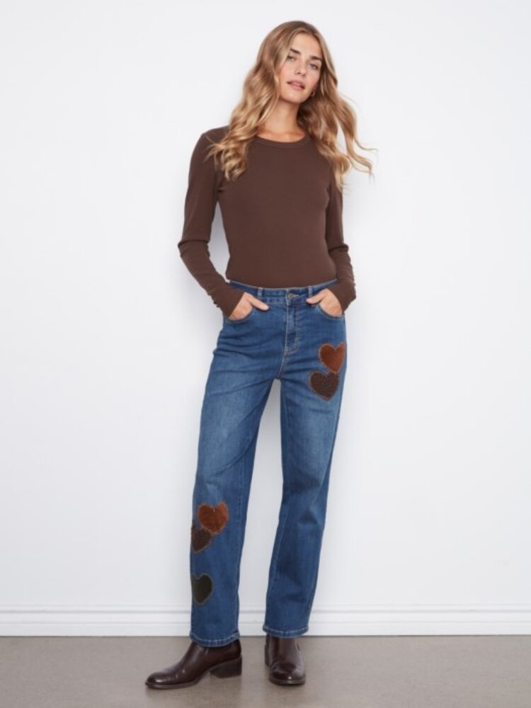 Charlie B Charlie B Straight Leg Pants With Corduroy and Leopard Heart Patches C5846