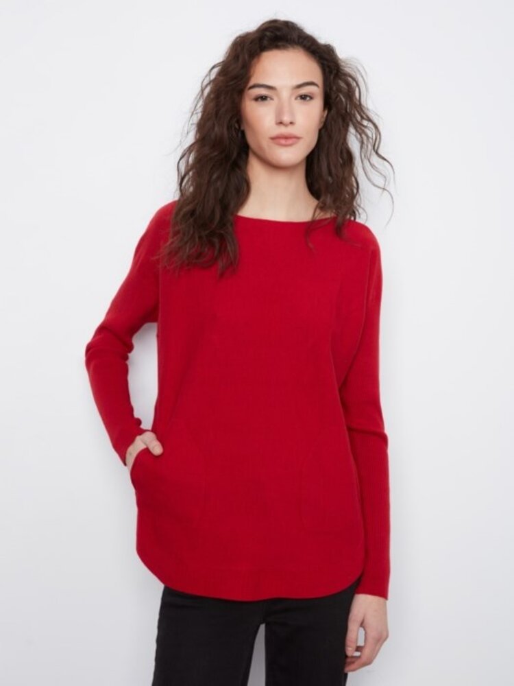 Charlie B Charlie B Round Hem Sweater w/ Front Pockets & Sleeve Lacing Detail C2380Y