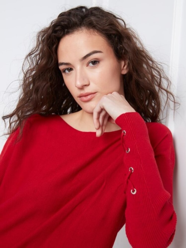 Charlie B Charlie B Round Hem Sweater w/ Front Pockets & Sleeve Lacing Detail C2380Y
