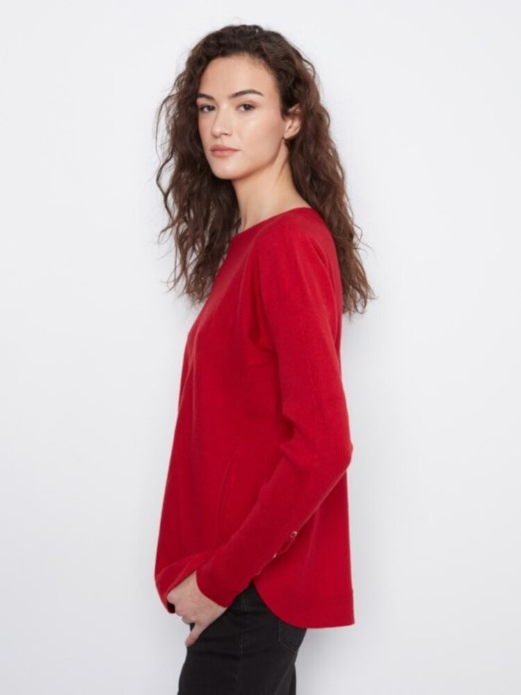 Charlie B Charlie B Round Hem Sweater w/ Front Pockets & Sleeve Lacing Detail C2380Y