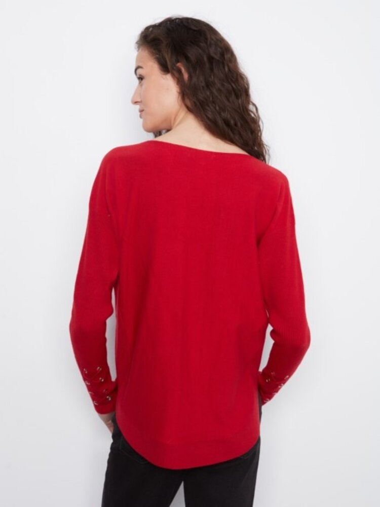 Charlie B Charlie B Round Hem Sweater w/ Front Pockets & Sleeve Lacing Detail C2380Y
