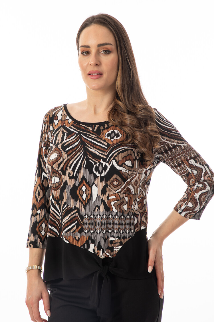 Bali Bali  3/4 Sleeve Printed Top W/ Tie Front 8965