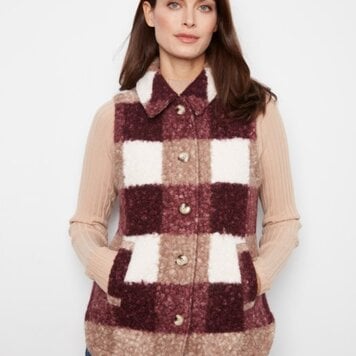 Charlie B Charlie B C6319 Sherpa Plaid Long Vest w/ Pockets