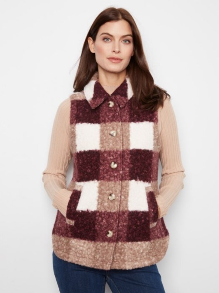 Charlie B Charlie B C6319 Sherpa Plaid Long Vest w/ Pockets
