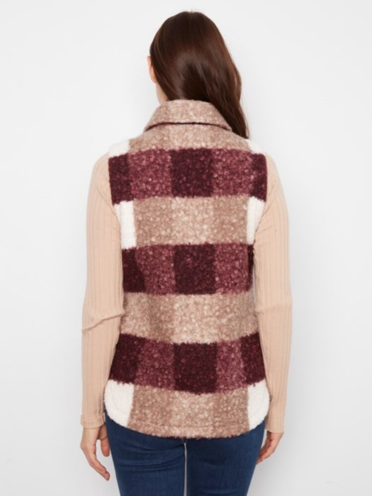 Charlie B Charlie B C6319 Sherpa Plaid Long Vest w/ Pockets