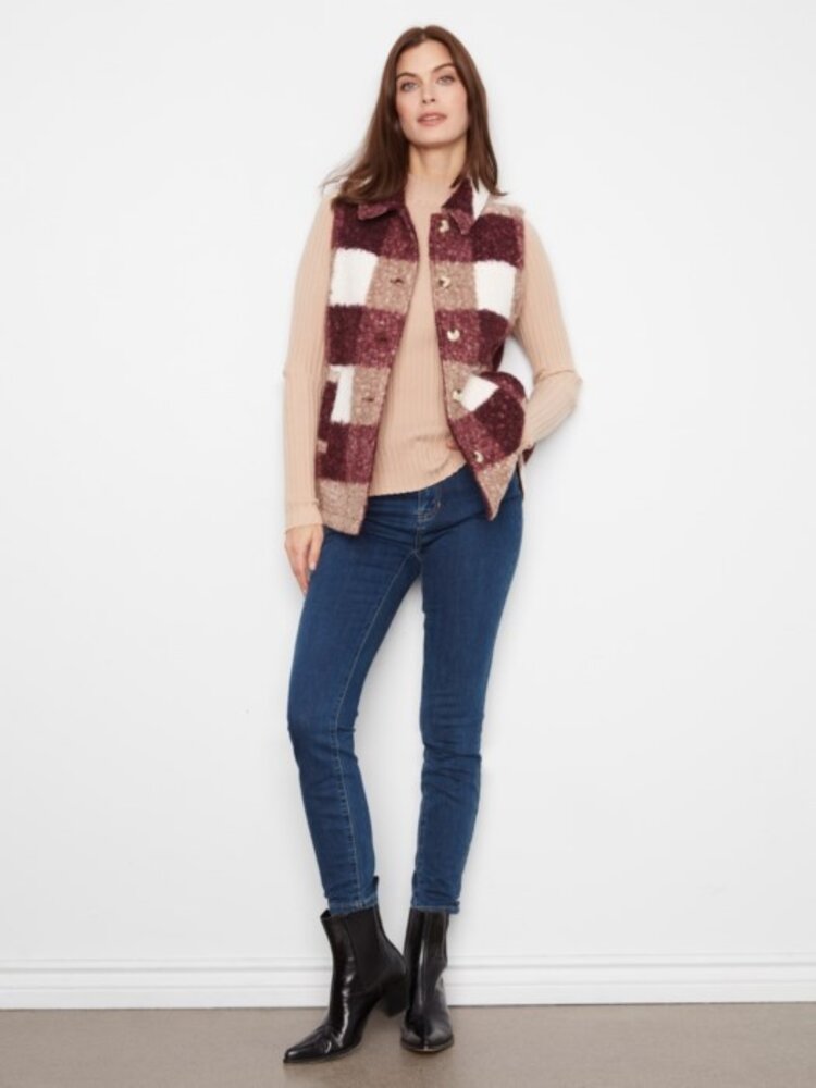Charlie B Charlie B C6319 Sherpa Plaid Long Vest w/ Pockets