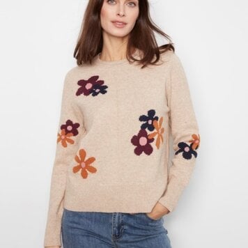 Charlie B Charlie B Long Sleeve Crew Neck Sweater W/ Placed Jacquard Flowers C2046