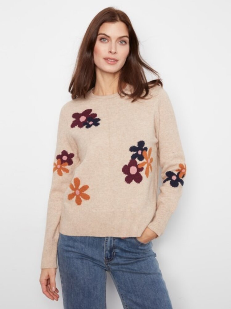 Charlie B Charlie B Long Sleeve Crew Neck Sweater W/ Placed Jacquard Flowers C2046