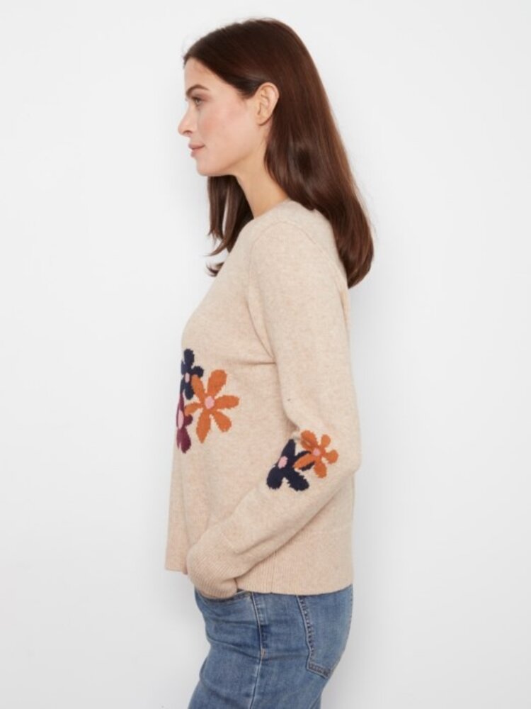 Charlie B Charlie B Long Sleeve Crew Neck Sweater W/ Placed Jacquard Flowers C2046