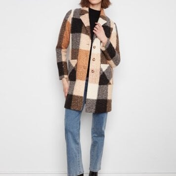 Charlie B Charlie B Plaid Bouche Knit Tailored Collar Coat C6141Z