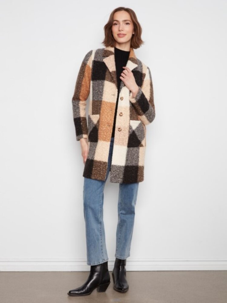 Charlie B Charlie B Plaid Bouche Knit Tailored Collar Coat C6141Z