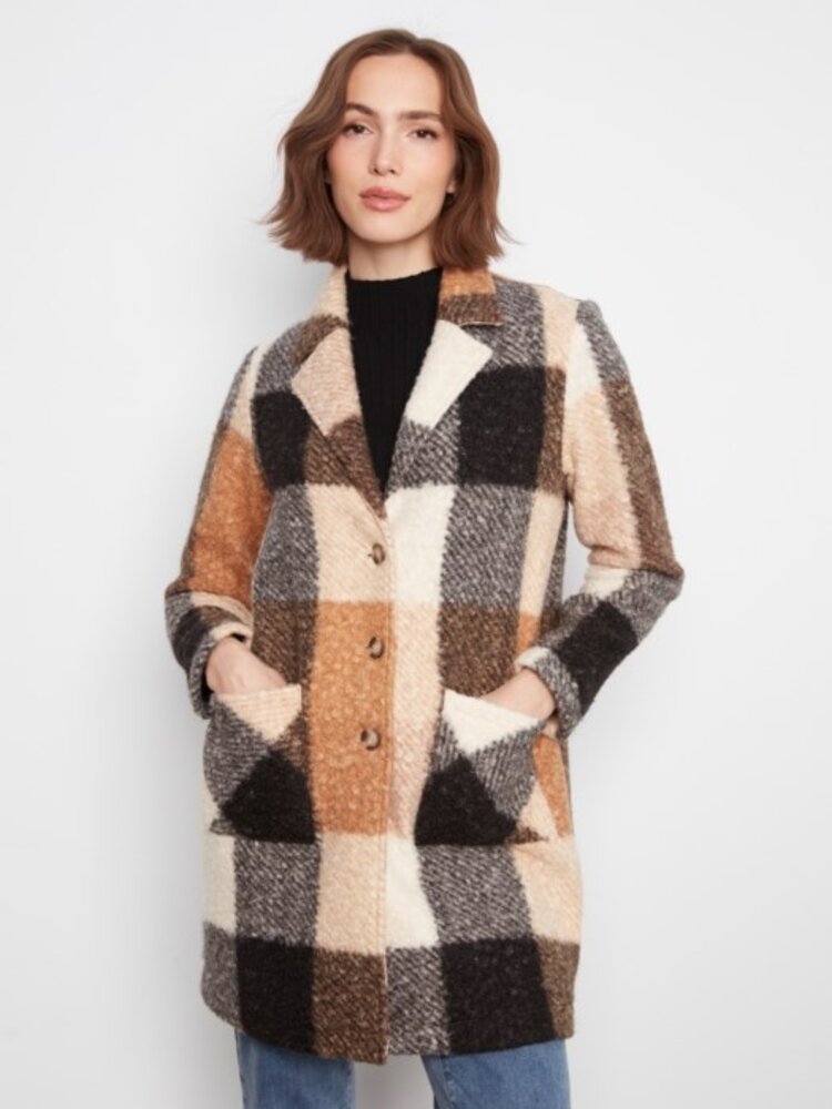 Charlie B Charlie B Plaid Bouche Knit Tailored Collar Coat C6141Z
