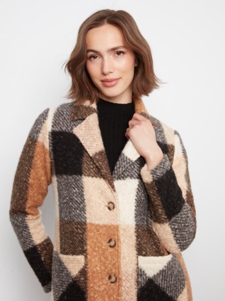 Charlie B Charlie B Plaid Bouche Knit Tailored Collar Coat C6141Z