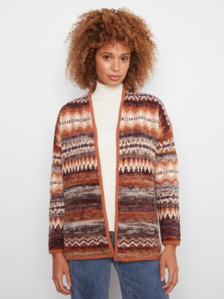 Charlie B Charlie B C2934 Long Jacquard Cardigan w/ Patch Pockets