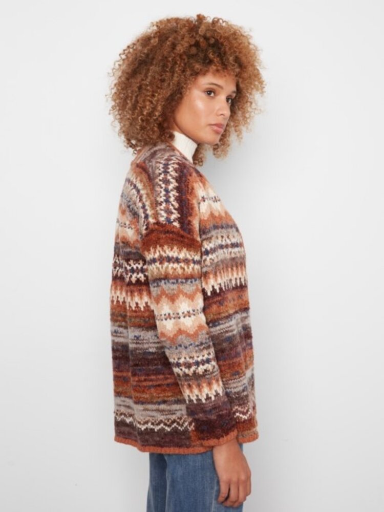 Charlie B Charlie B C2934 Long Jacquard Cardigan w/ Patch Pockets