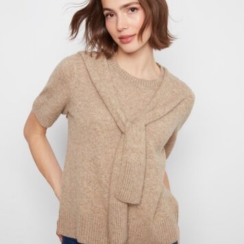 Charlie B Charlie B Short Sleeve Crew Neck Sweater W/ Combined Sleeves Detail C2069