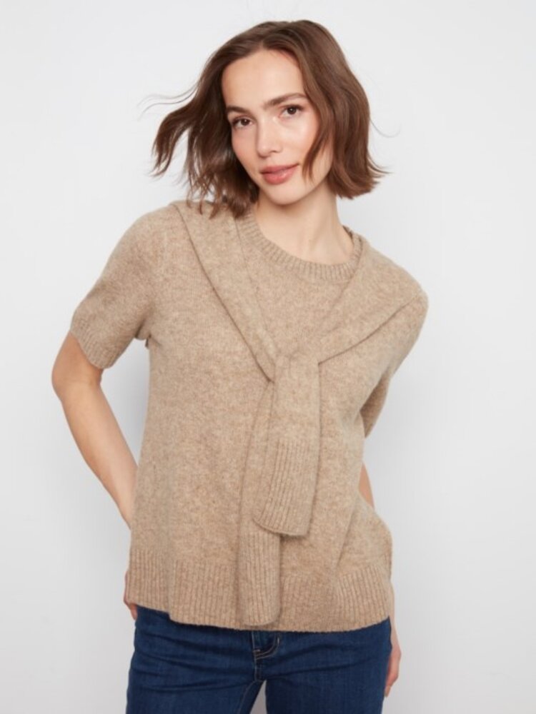 Charlie B Charlie B Short Sleeve Crew Neck Sweater W/ Combined Sleeves Detail C2069