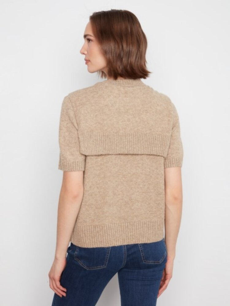 Charlie B Charlie B Short Sleeve Crew Neck Sweater W/ Combined Sleeves Detail C2069